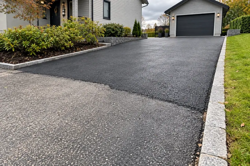 Ny asfalt på uppfart vid villa med garageport