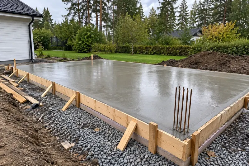 Färskgjuten betongplatta med armering och träform